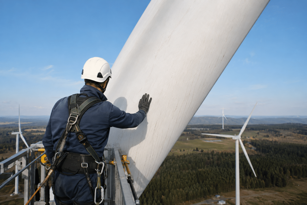 Wind turbine inspector examining a blade
