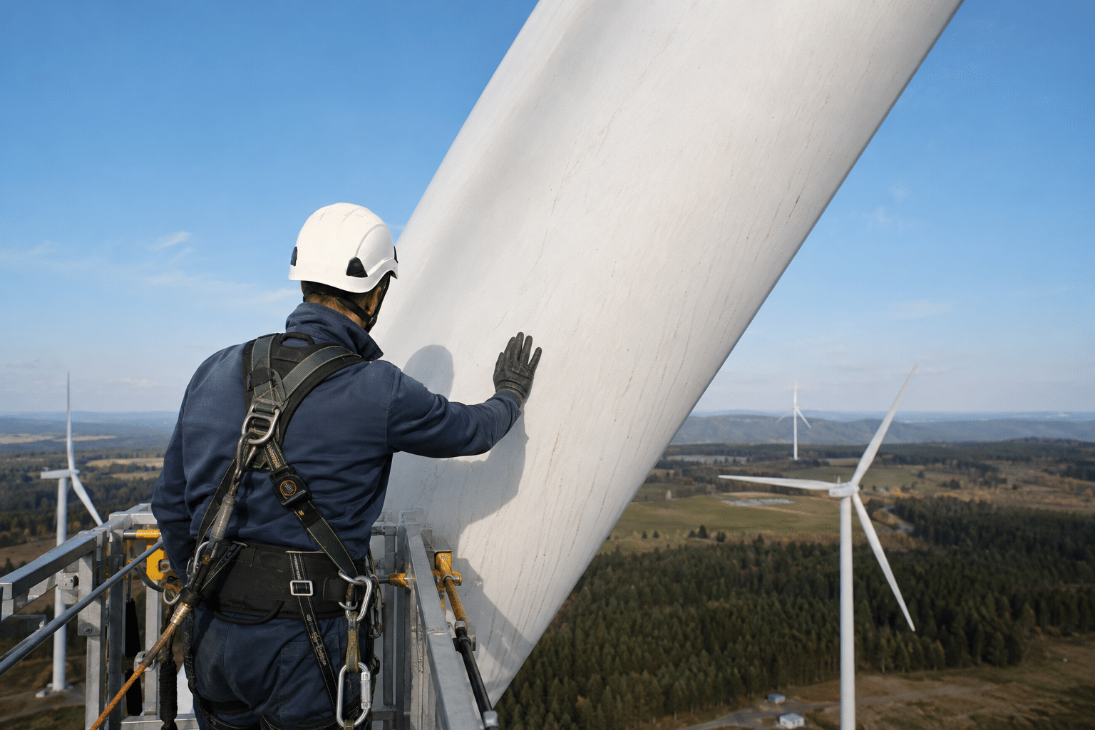 Wind turbine inspector examining a blade