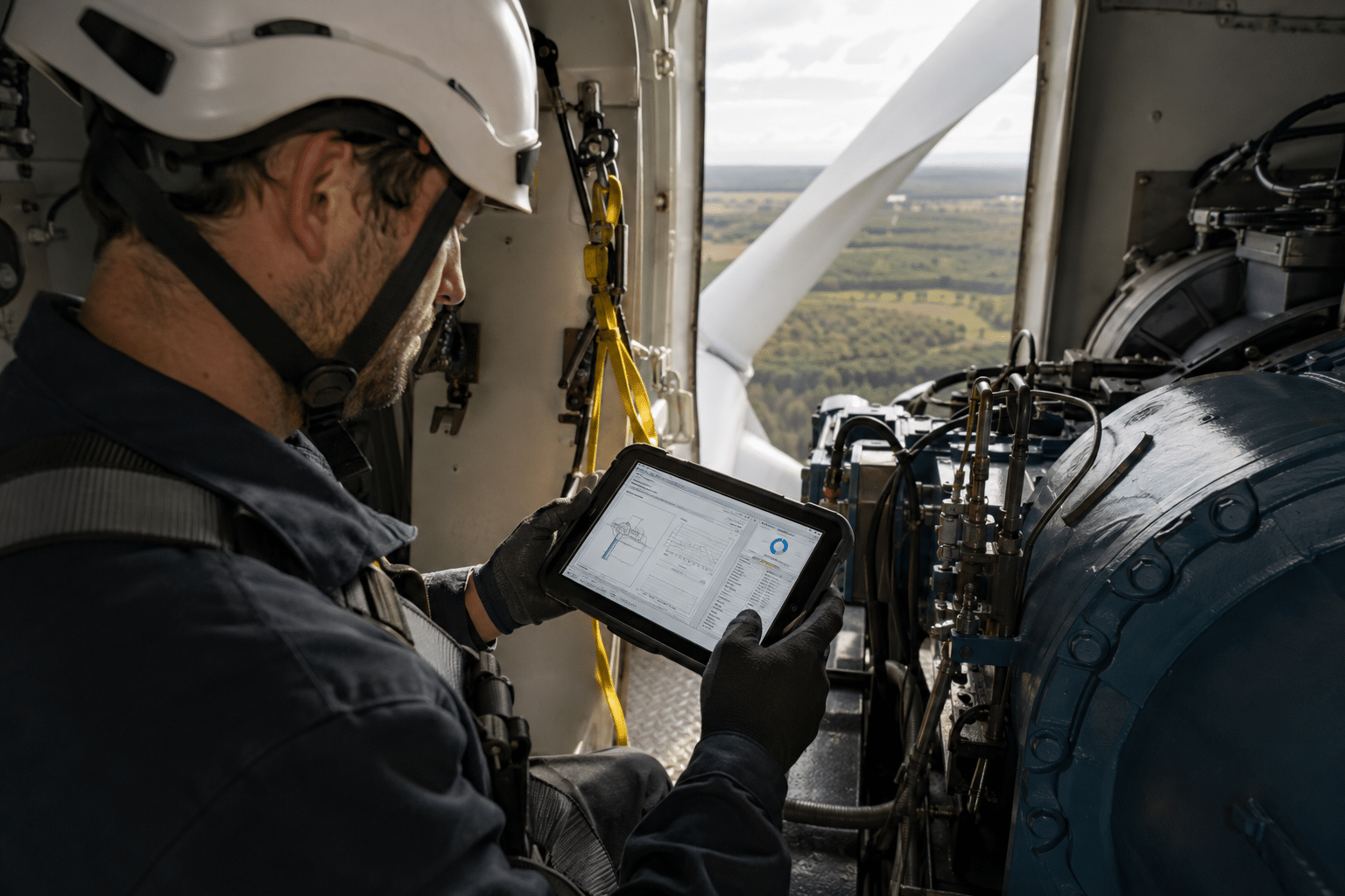 Wind turbine inspector reviewing inspection data
