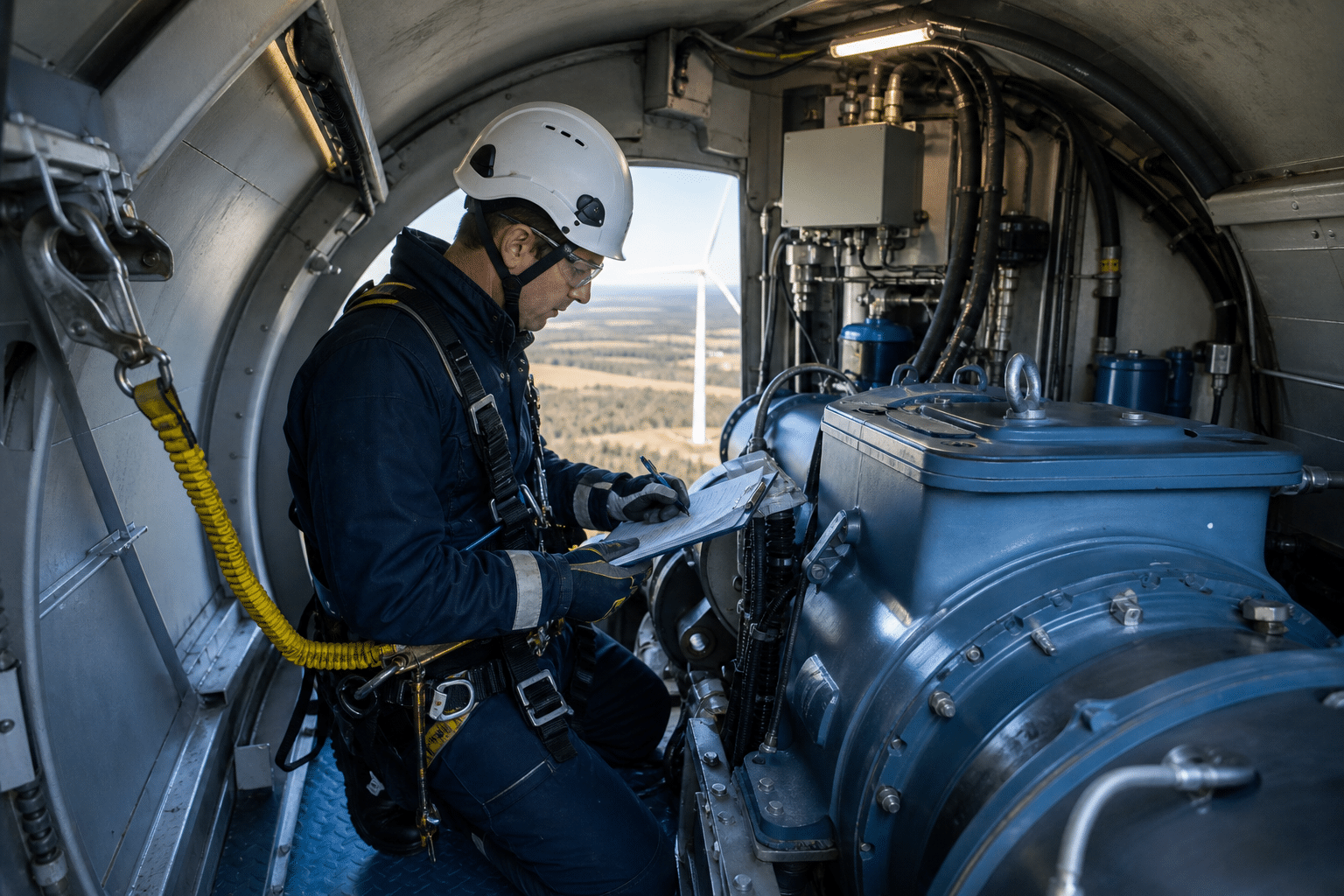 Wind turbine technician inspecting equipment at the top of a wind turbine tower