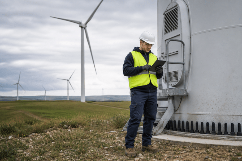 Wind turbine technician reviewing a digital maintenance checklist beside a wind turbine
