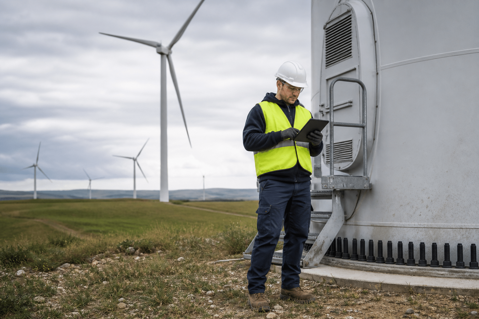 Wind turbine technician reviewing a digital maintenance checklist beside a wind turbine
