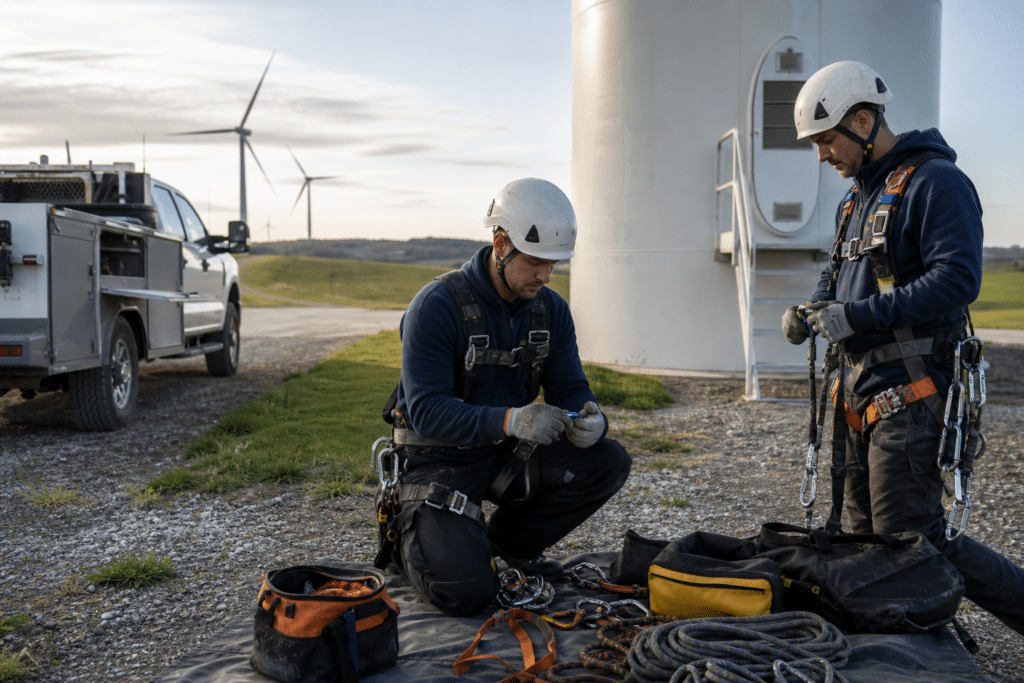 Two wind turbine technicians preparing safety equipment at the base of a turbine