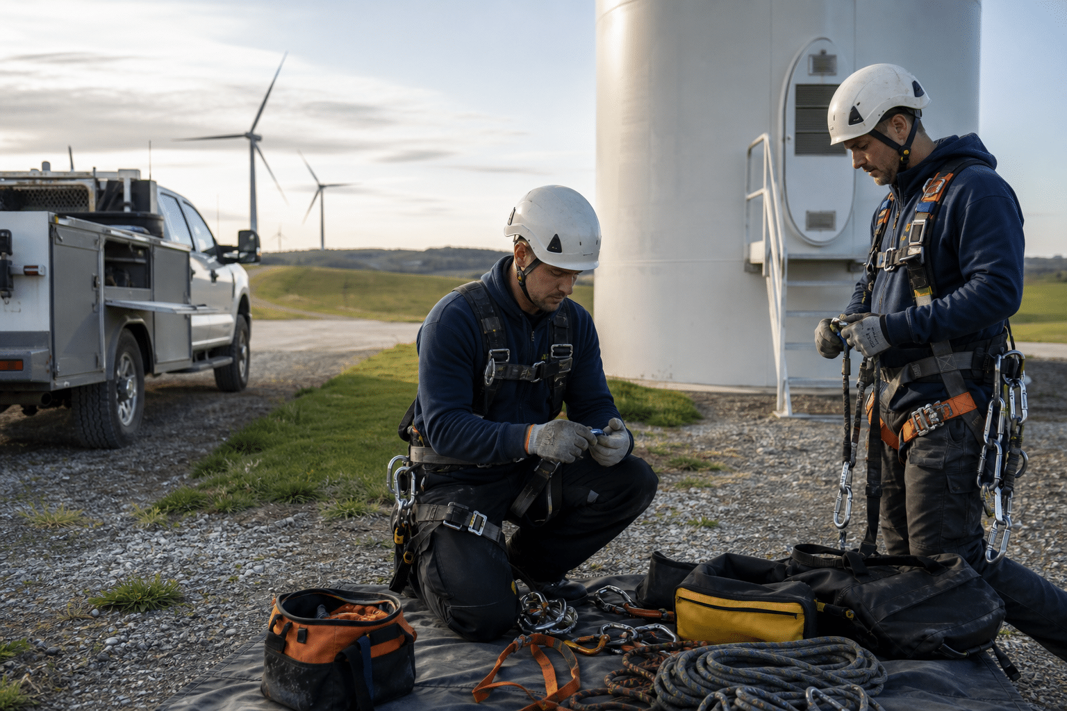 Two wind turbine technicians preparing safety equipment at the base of a turbine